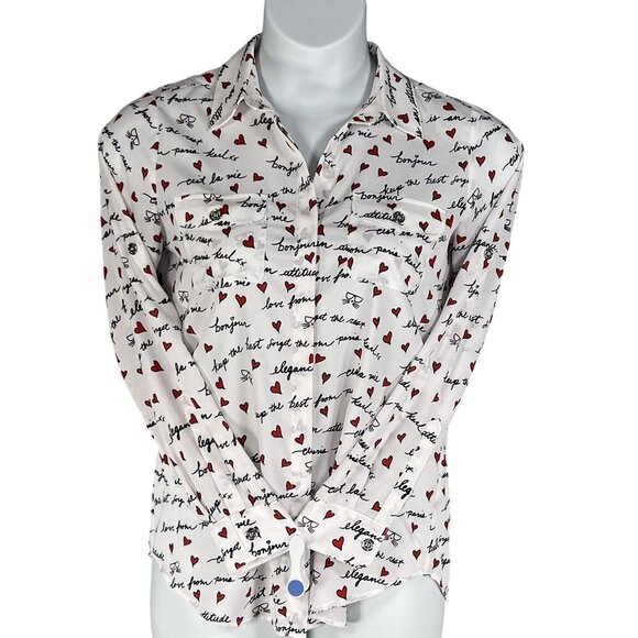 Karl Lagerfeld Paris XS White Blouse Red Heart Script Button Up Roll Tab Sleeve - Picture 6 of 16